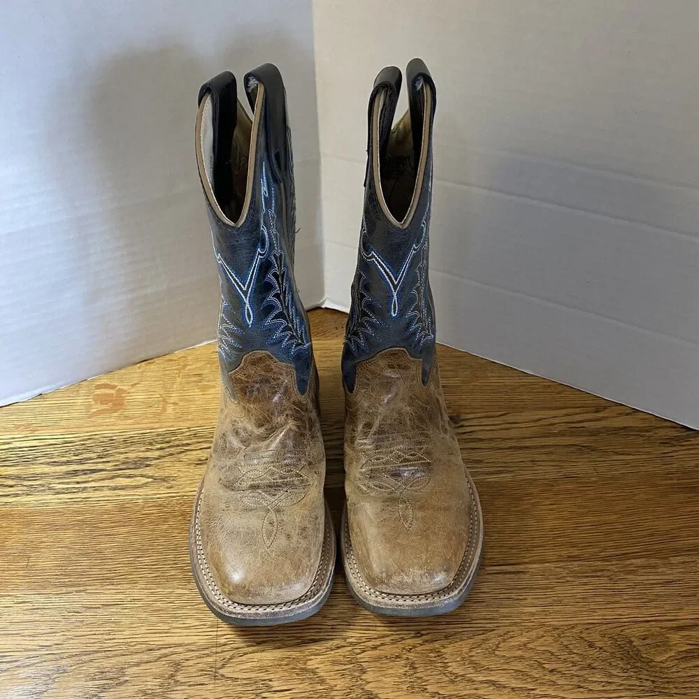 Old West Boys Square Toe Leather Cowboy Boots Sz 1.0 D Brown/Blue Pull On